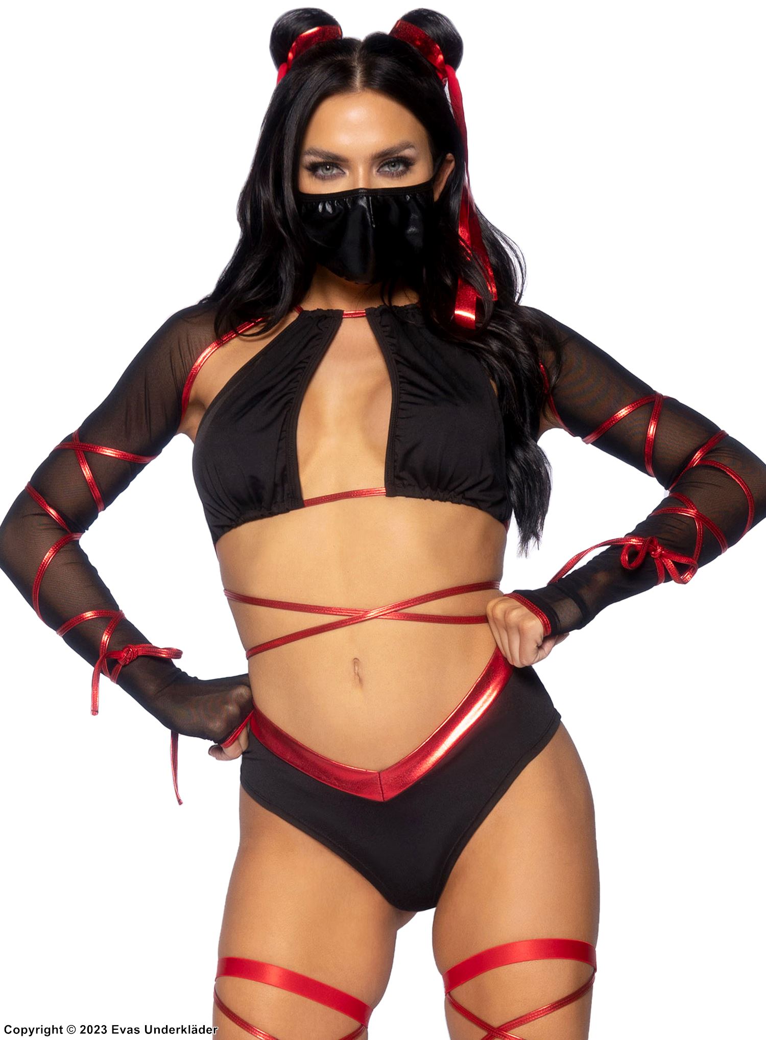 Kvinnelig ninja (også kjent som kunoichi), kostyme-undertøy, maske, kryssende stropper